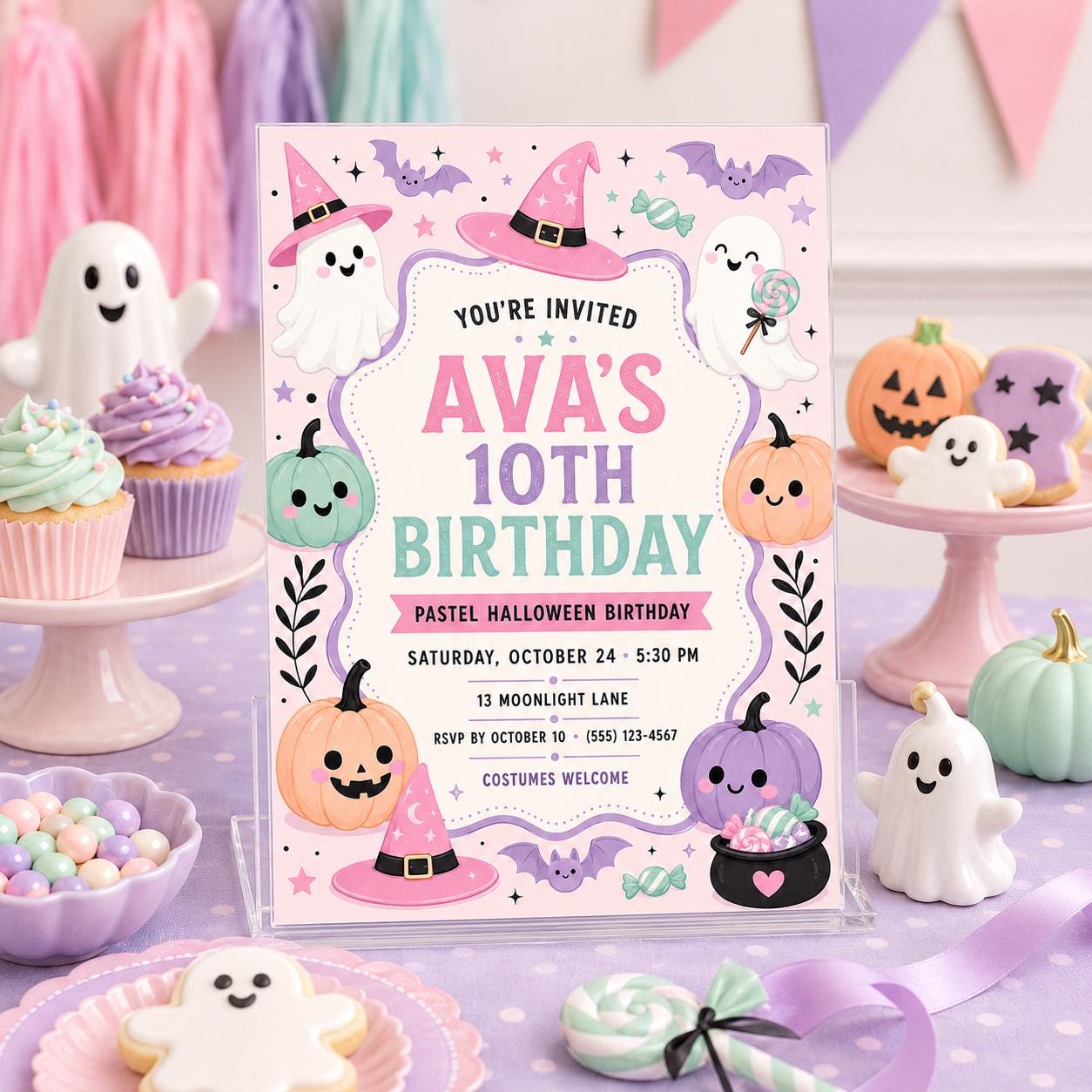 Pastel Halloween Birthday Invitation, Cute Ghost and Pumpkin Party Invite for Girls, Editable Canva Template, Instant Download