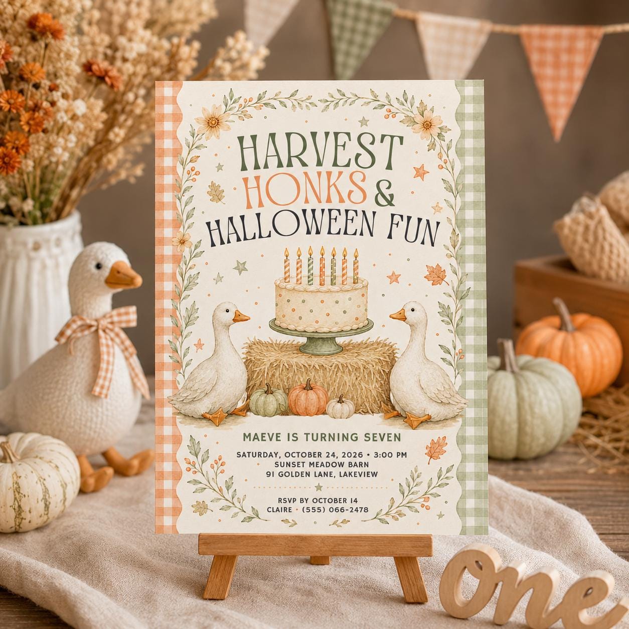 Fall Goose Birthday Invitation, Autumn Pumpkin Party Invite, Halloween Kids Birthday Canva Template