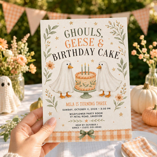 Fall Goose Birthday Invitation, Autumn Pumpkin Party Invite, Halloween Kids Birthday Canva Template