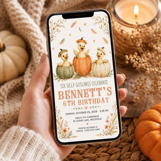 Fall Goose Birthday Invitation, Autumn Pumpkin Party Invite, Halloween Kids Birthday Canva Template