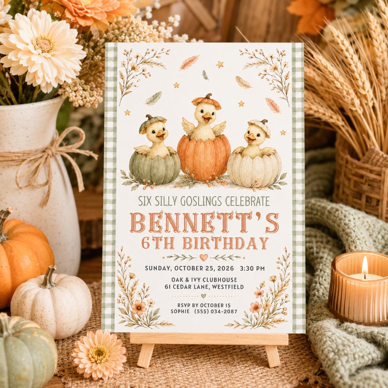 Fall Goose Birthday Invitation, Autumn Pumpkin Party Invite, Halloween Kids Birthday Canva Template