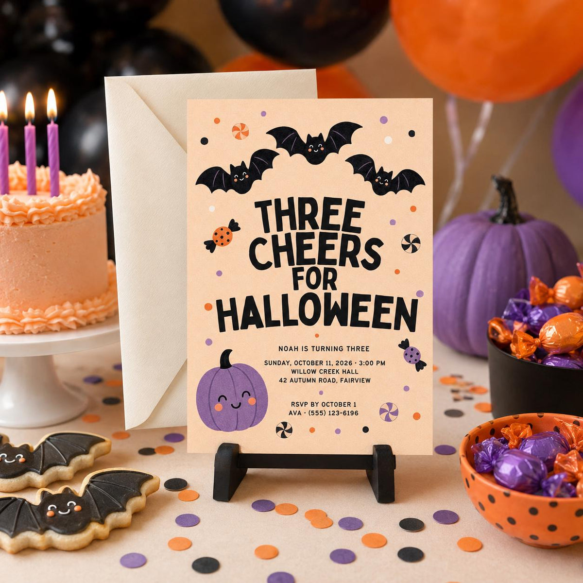 Halloween 3rd Birthday Invitation, Cute Bat Pumpkin Party Invite, Spooky Kids Birthday, Editable Canva Template
