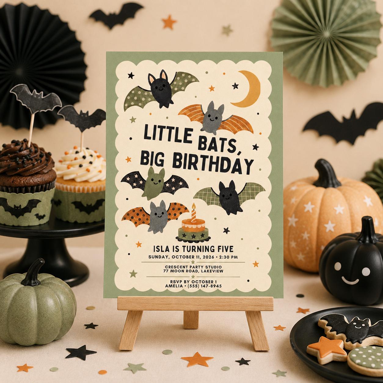 Cute Bat Halloween Birthday Invitation, Little Bats Kids Birthday Party Invite, Spooky Fall Birthday, Editable Canva Template