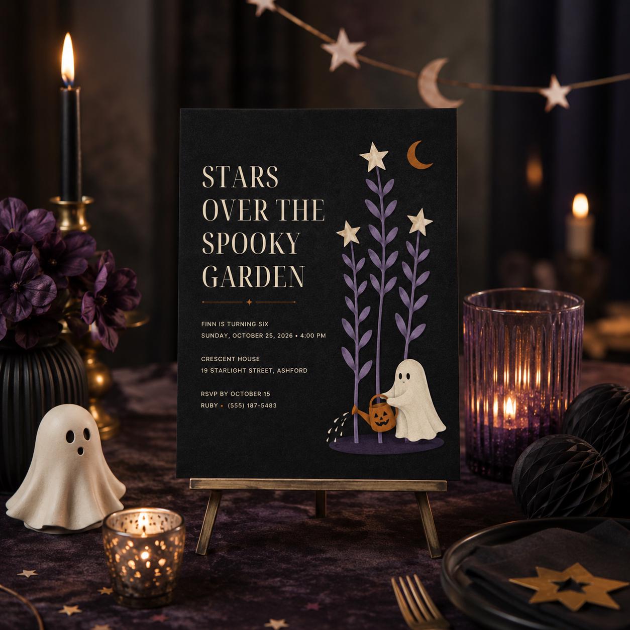 Spooky Garden Halloween Birthday Invitation, Cute Ghost Night Garden Party Invite, Elegant Kids Birthday, Editable Canva Template