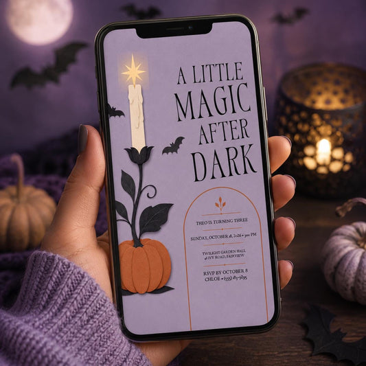 Magic After Dark Halloween Birthday Invitation, Pumpkin Bat Kids Party Invite, Spooky 3rd Birthday, Editable Canva Template