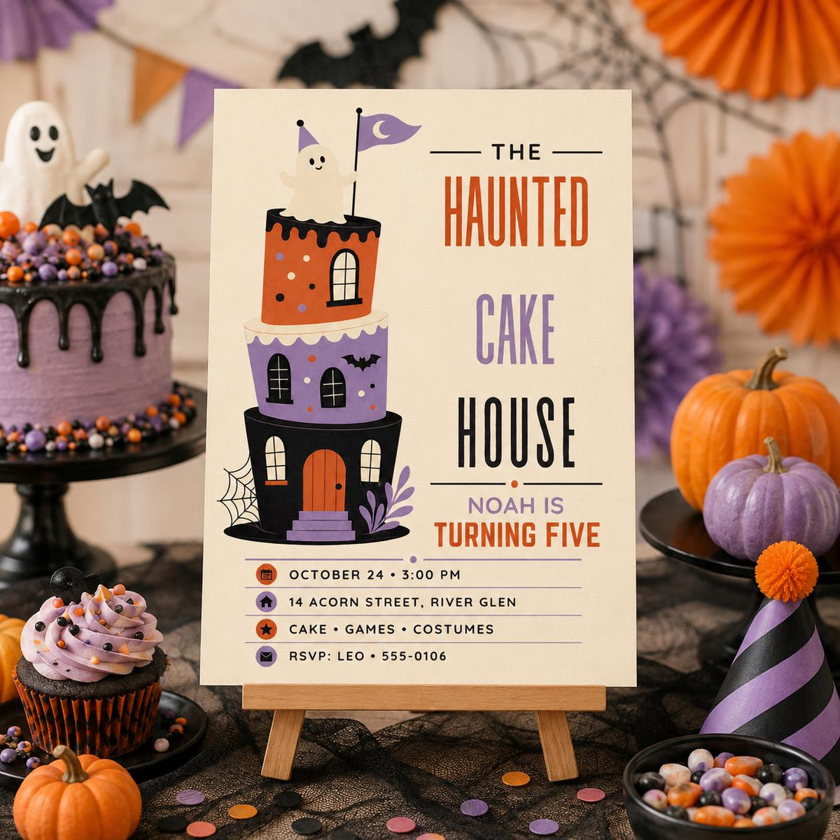 Haunted Cake House 5th Birthday Invitation, Cute Ghost Halloween Party Invite, Spooky Kids Birthday, Editable Canva Template