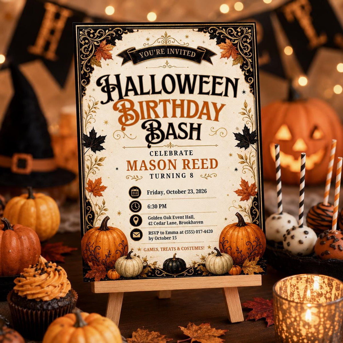 Halloween Birthday Invitation, Pumpkin Birthday Party Invite, Vintage Fall Halloween Invite, Kids Spooky Party, Editable Canva Template