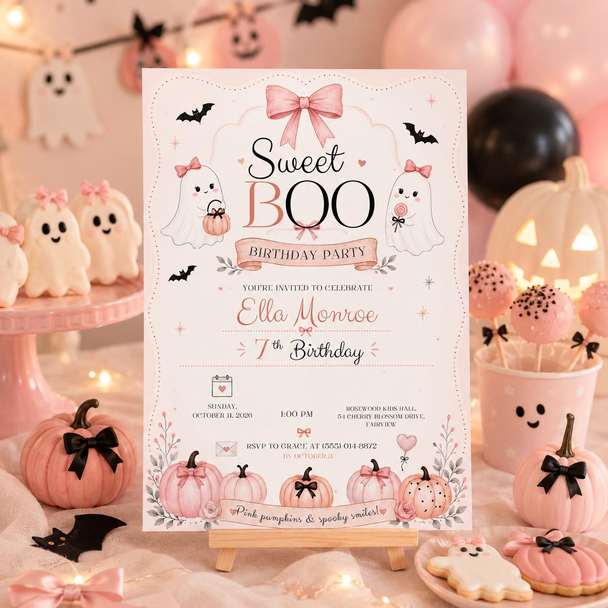 Pink Halloween Birthday Invitation, Sweet Boo Birthday Invite, Cute Ghost Girl Birthday, Pink Pumpkin Invitation, Editable Canva Template