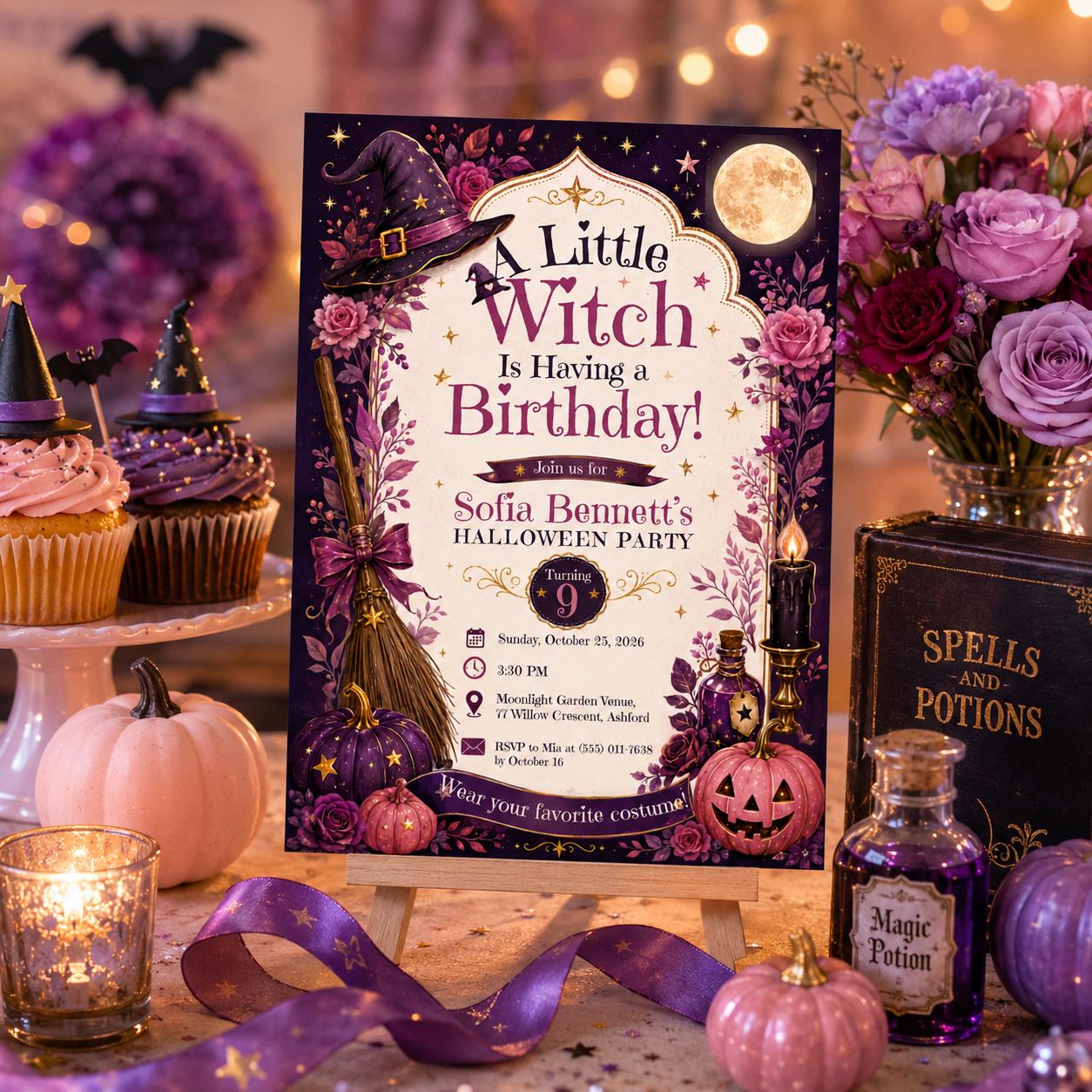 Witch Birthday Invitation, Purple Halloween Party Invite, Magical Witch Kids Birthday, Editable Canva Template, Printable Invite