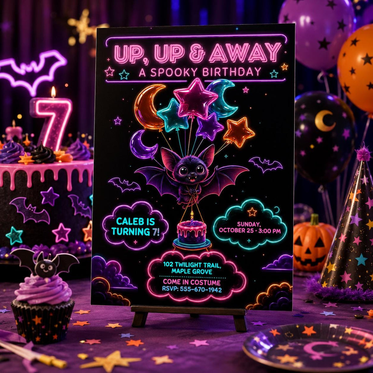 Neon Bat Halloween Birthday Invitation, Spooky Balloon Birthday Party Invite, Cute Kids Halloween Party, Editable Canva Template