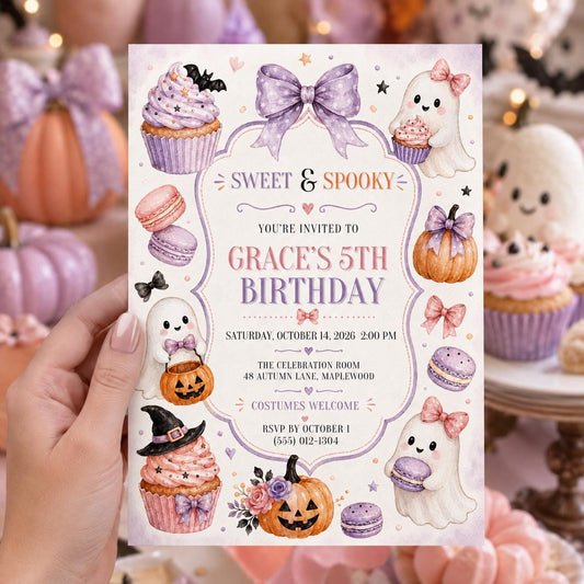 Cute Ghost Halloween Birthday Invitation, Sweet and Spooky Girls Birthday Invite, Pastel Halloween Party, Editable Canva Template