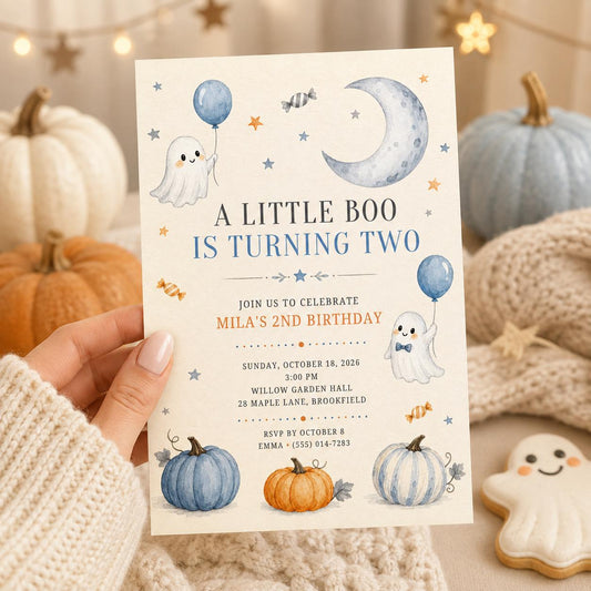 Little Boo 2nd Birthday Invitation, Cute Ghost Halloween Birthday Invite, Pumpkin Fall Party, Toddler Birthday, Editable Canva Template