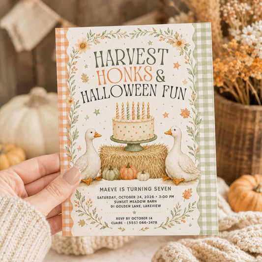 Fall Goose Birthday Invitation, Autumn Pumpkin Party Invite, Halloween Kids Birthday Canva Template