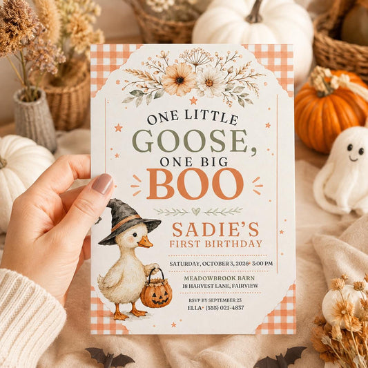 Fall Goose Birthday Invitation, Autumn Pumpkin Party Invite, Halloween Kids Birthday Canva Template