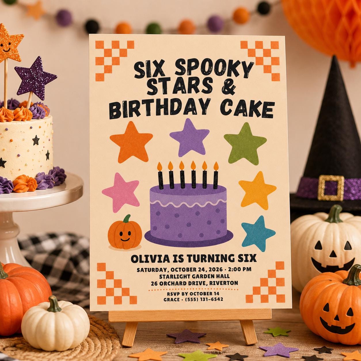 Halloween 6th Birthday Invitation, Spooky Stars Birthday Party Invite, Pumpkin Kids Birthday, Editable Canva Template