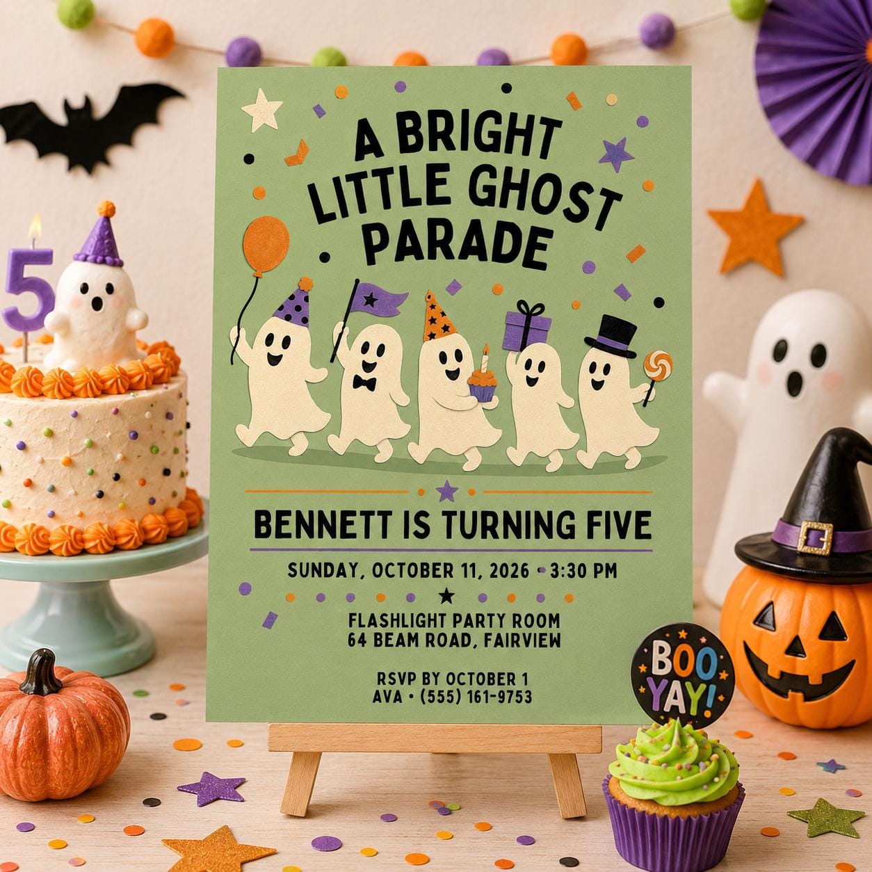 Cute Ghost Halloween Birthday Invitation, Ghost Parade Kids Party Invite, Spooky 5th Birthday, Editable Canva Template