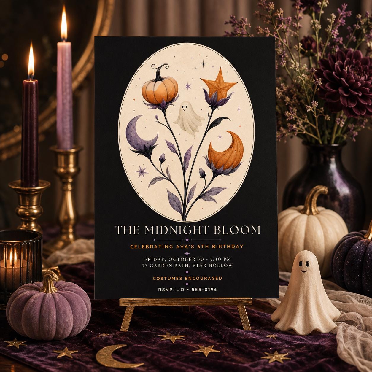Elegant Halloween Birthday Invitation, Midnight Floral Ghost Party Invite, Spooky Pumpkin Birthday, Editable Canva Template