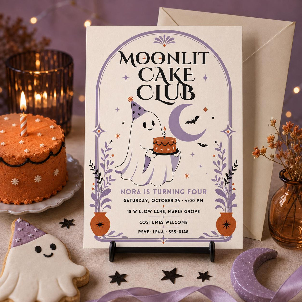 Cute Ghost 4th Birthday Invitation, Moon Halloween Birthday Party Invite, Spooky Cake Kids Party, Editable Canva Template