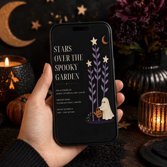 Spooky Garden Halloween Birthday Invitation, Cute Ghost Night Garden Party Invite, Elegant Kids Birthday, Editable Canva Template