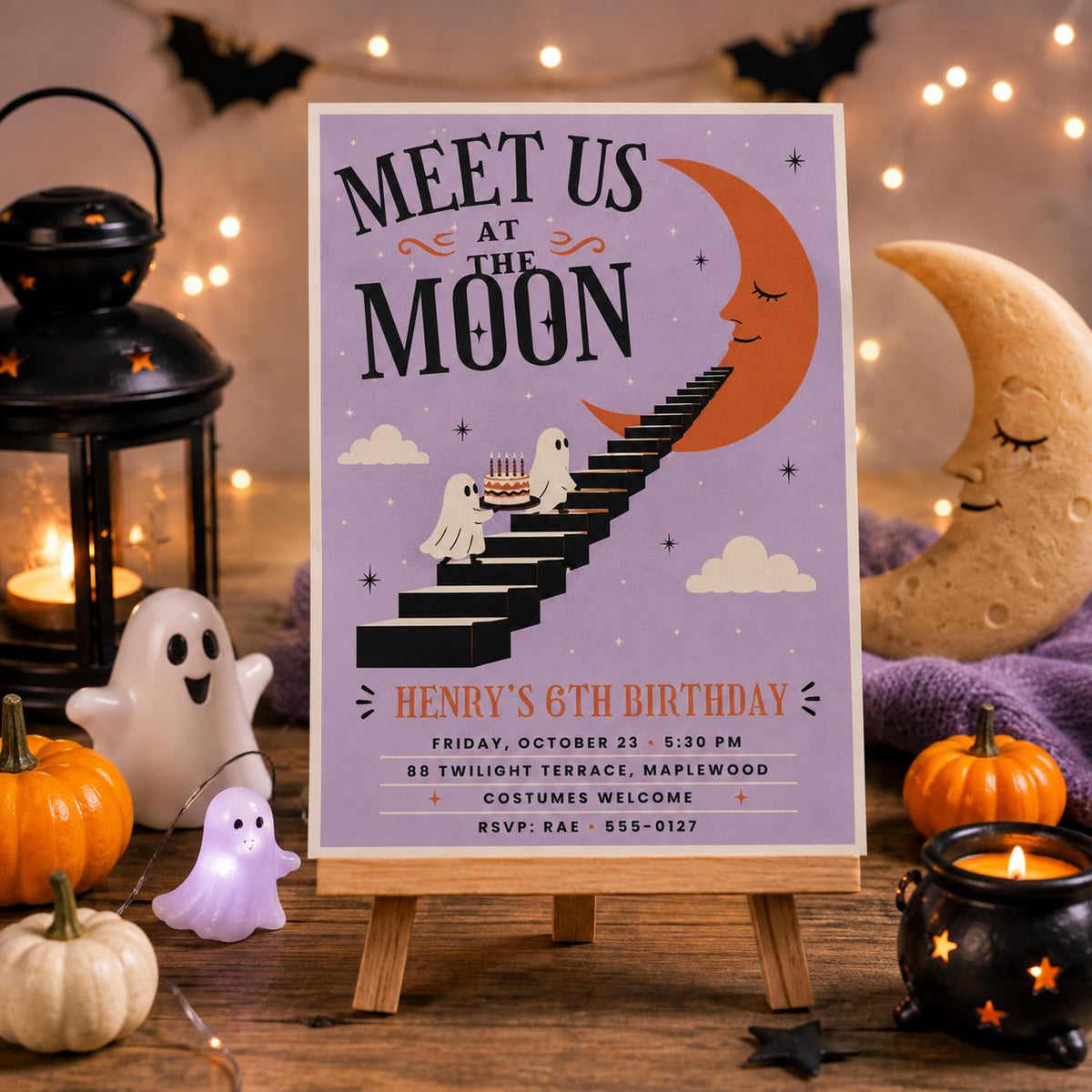 Moon Ghost Halloween Birthday Invitation, Spooky 6th Birthday Party Invite, Cute Halloween Kids Party, Editable Canva Template