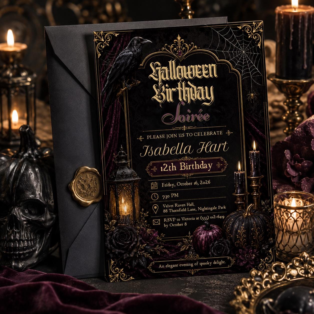 Gothic Halloween Birthday Invitation, Elegant Spooky Birthday Party Invite, Raven Black Rose Invitation, Editable Canva Template