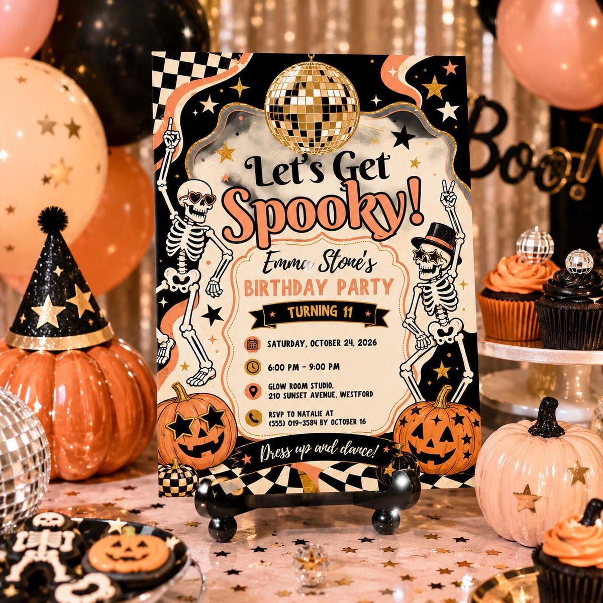 Retro Halloween Birthday Invitation, Disco Skeleton Birthday Party Invite, Orange Black Spooky Party, Editable Canva Template