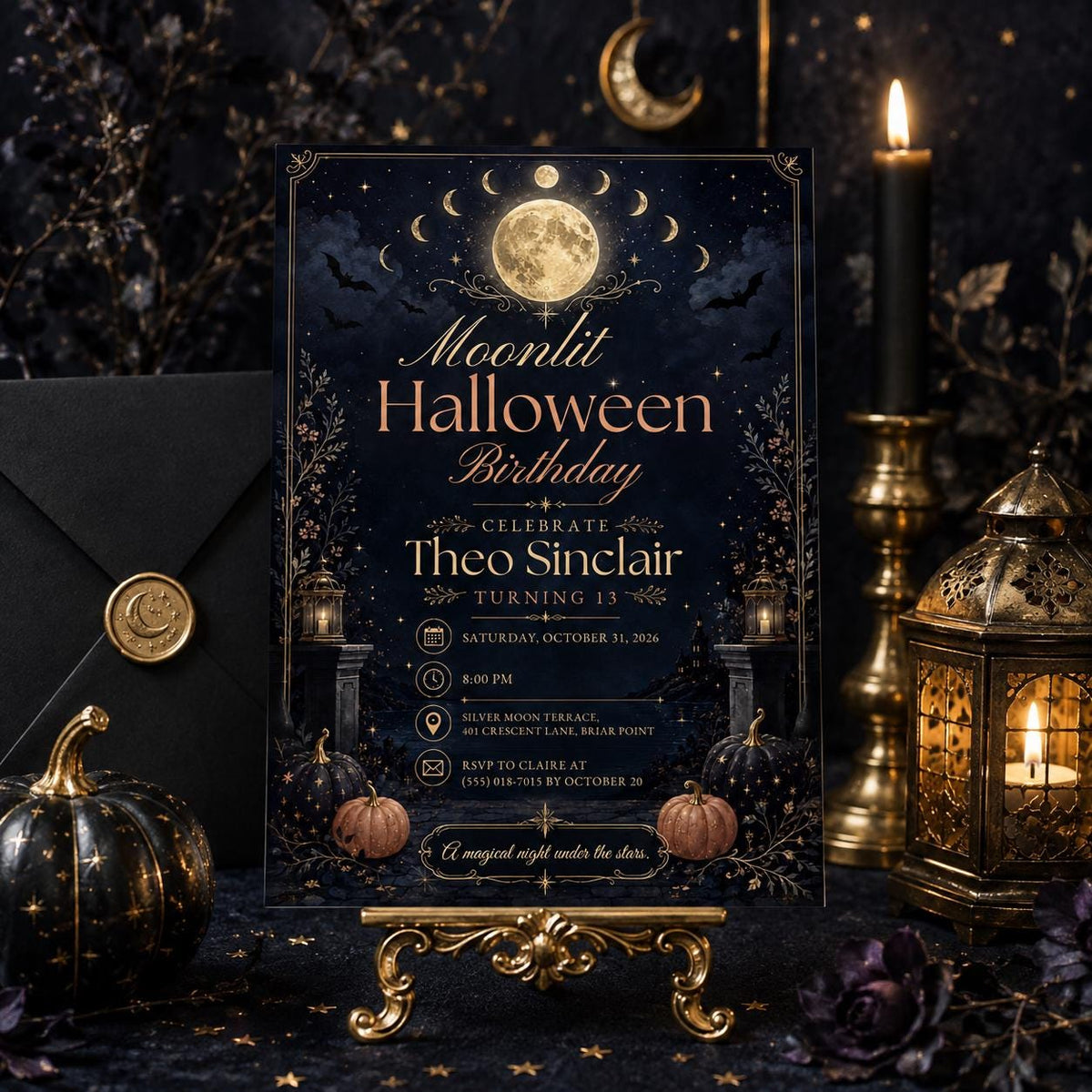 Moonlit Halloween Birthday Invitation, Celestial Spooky Birthday Party Invite, Moon and Stars Halloween Invite, Editable Canva Template