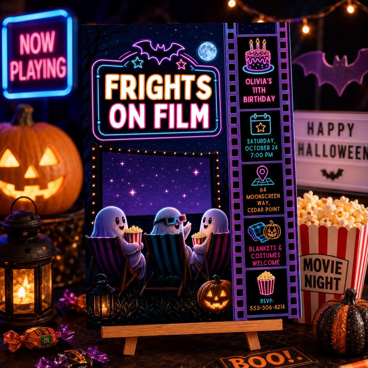 Halloween Movie Night Birthday Invitation, Spooky Cinema Party Invite, Neon Ghost Birthday, Outdoor Movie Party, Editable Canva Template