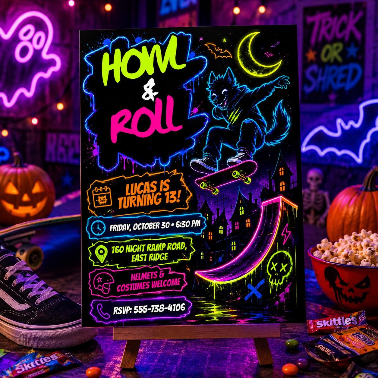 Neon Skateboard Halloween Birthday Invitation, Werewolf Skate Party Invite, Spooky Teen Birthday, Editable Canva Template