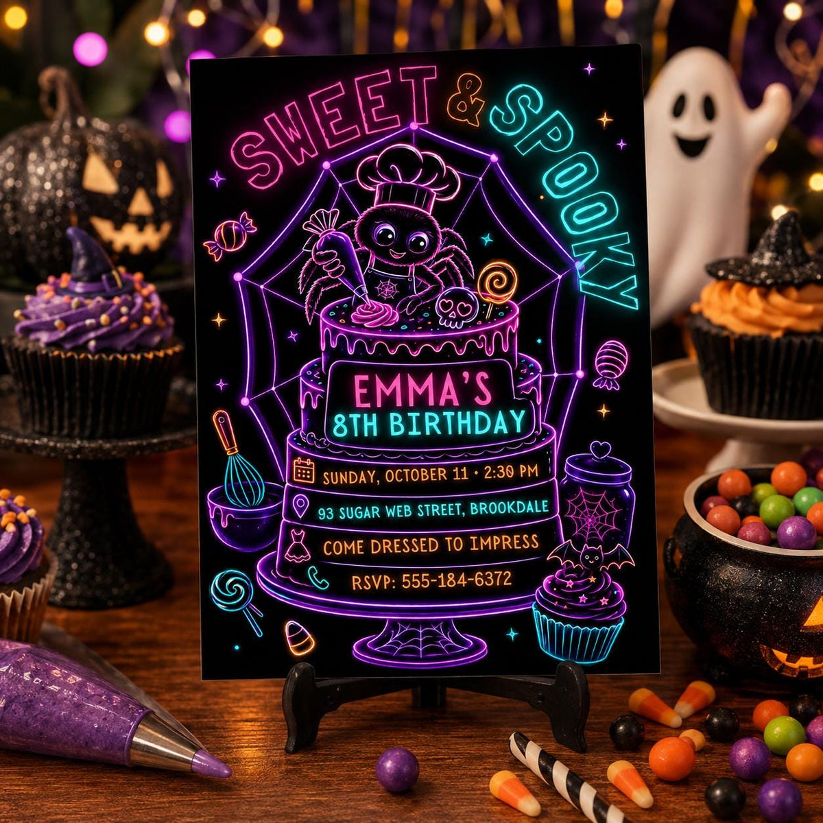 Neon Spider Halloween Birthday Invitation, Spooky Baking Party Invite, Cute Spider Cake Party, Editable Canva Template