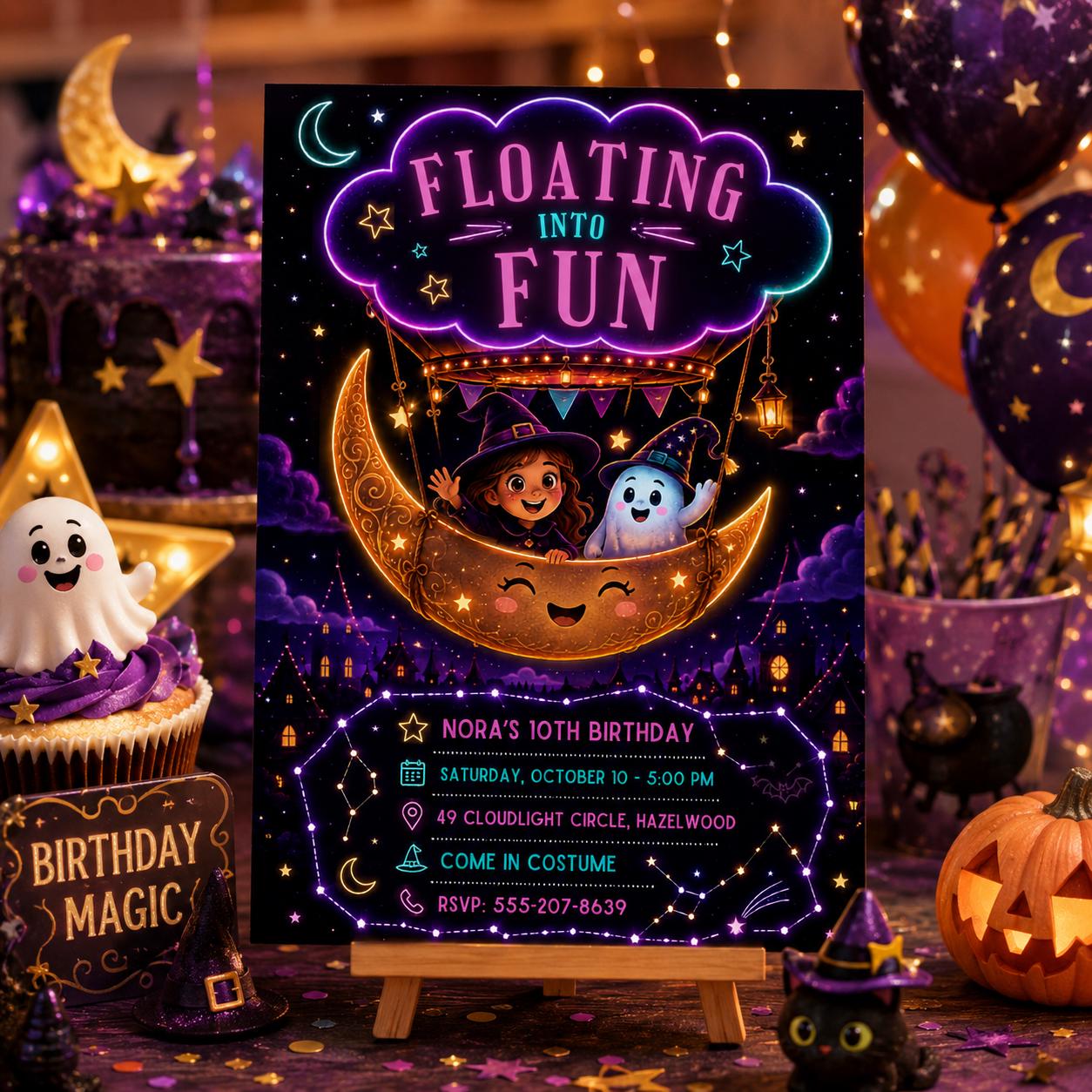Halloween Birthday Invitation, Moon Balloon Witch and Ghost Party Invite, Spooky Kids Birthday, Editable Canva Template