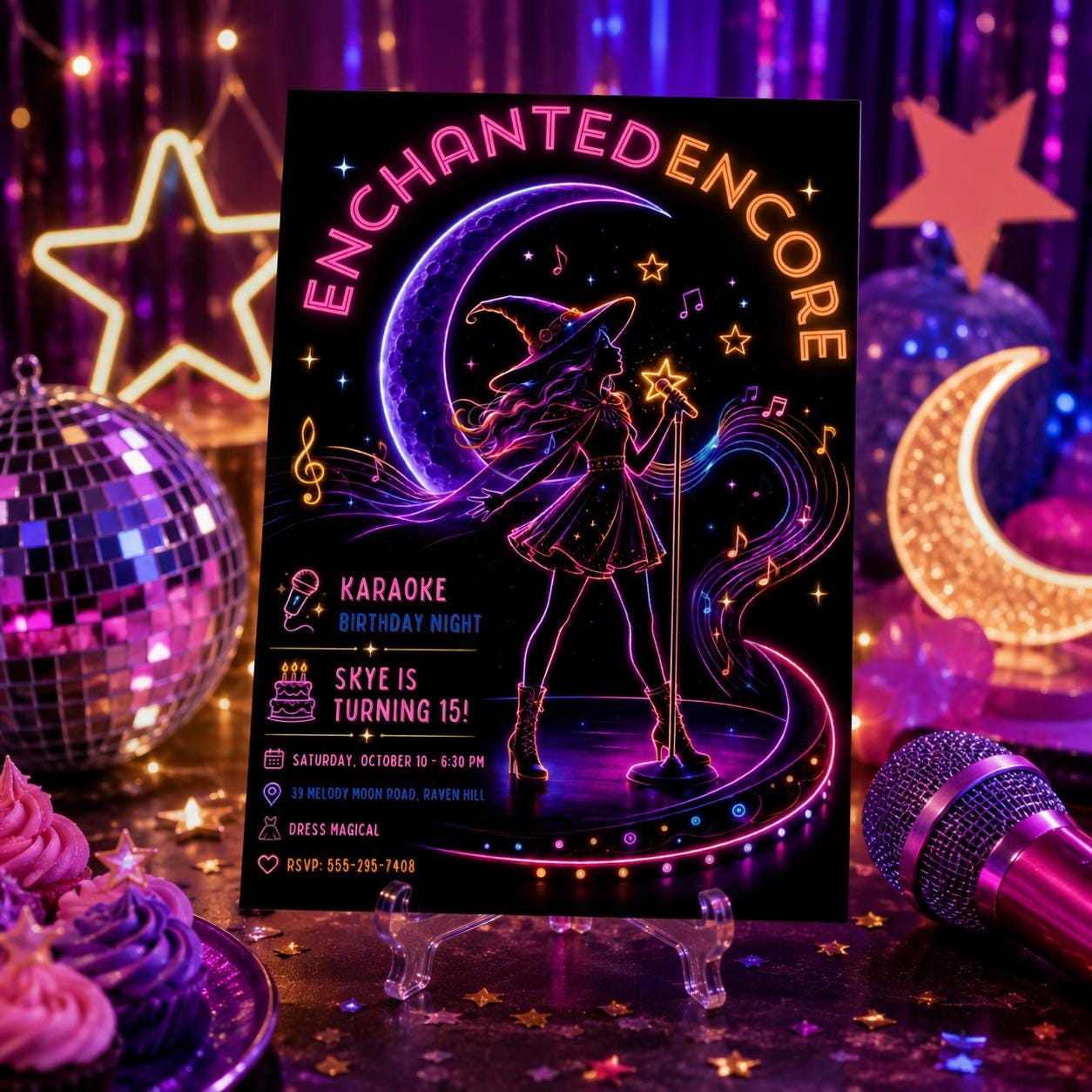 Neon Witch Karaoke Birthday Invitation, Halloween Music Party Invite, Spooky Teen Birthday, Editable Canva Template