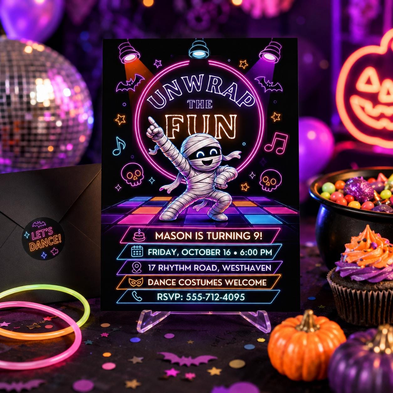 Neon Mummy Halloween Birthday Invitation, Spooky Dance Party Invite, Kids Halloween Birthday, Editable Canva Template
