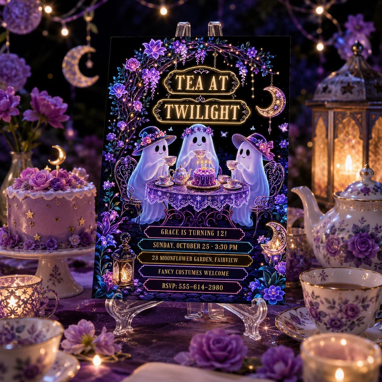Ghost Tea Party Halloween Birthday Invitation, Spooky Tea Party Invite, Purple Floral Ghost Birthday, Editable Canva Template
