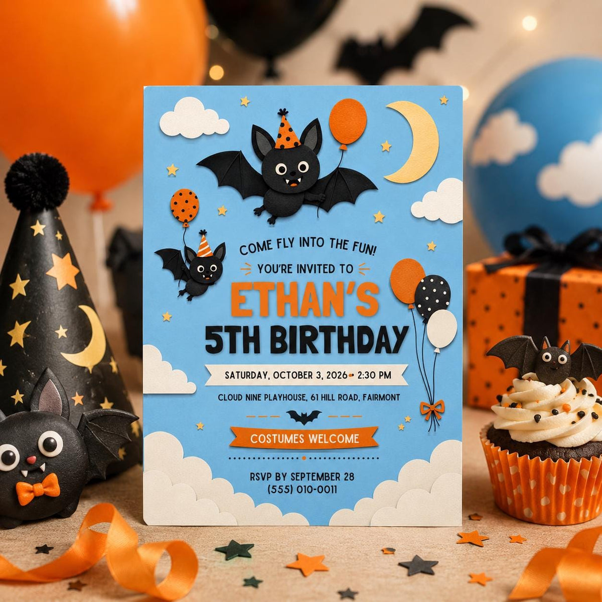 Cute Bat Halloween Birthday Invitation, Kids Spooky Birthday Party Invite, Blue Orange Bat Party, Editable Canva Template