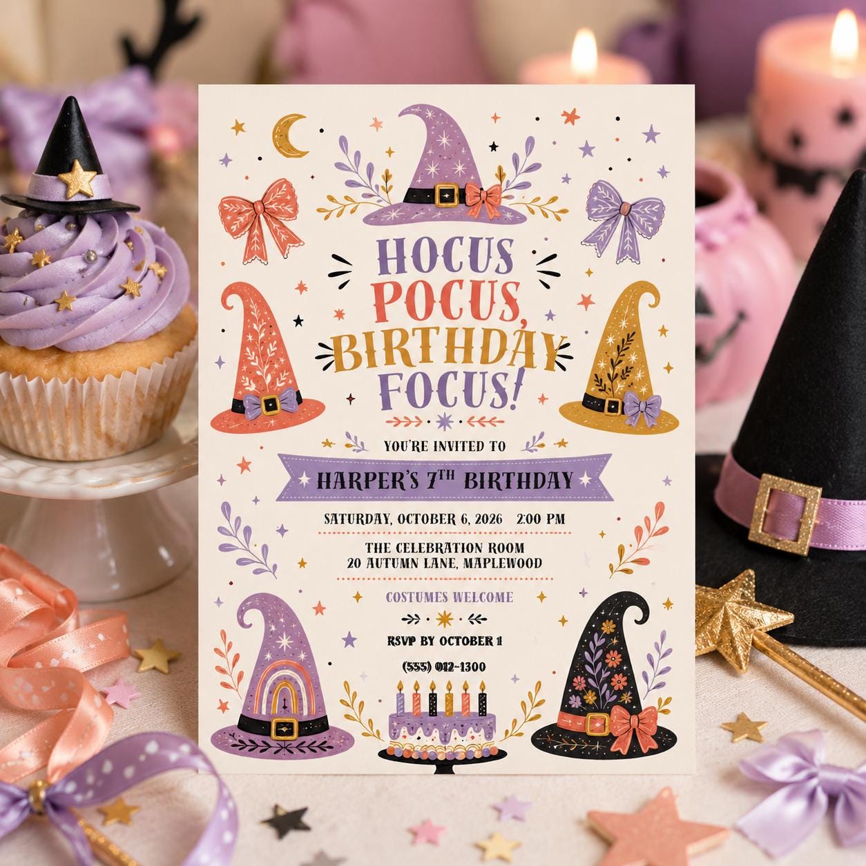 Witch Birthday Invitation, Magical Halloween Birthday Party Invite, Cute Witch Hat Theme, Girls Spooky Birthday, Editable Canva Template