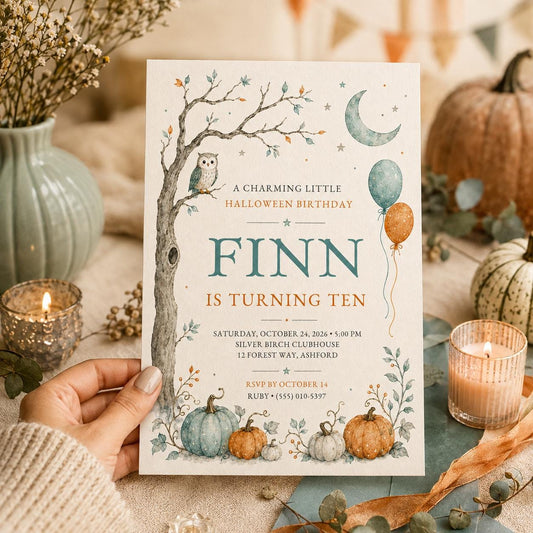 Halloween Birthday Invitation, Pumpkin Owl Fall Birthday Invite, Woodland Autumn Party, Kids October Birthday, Editable Canva Template
