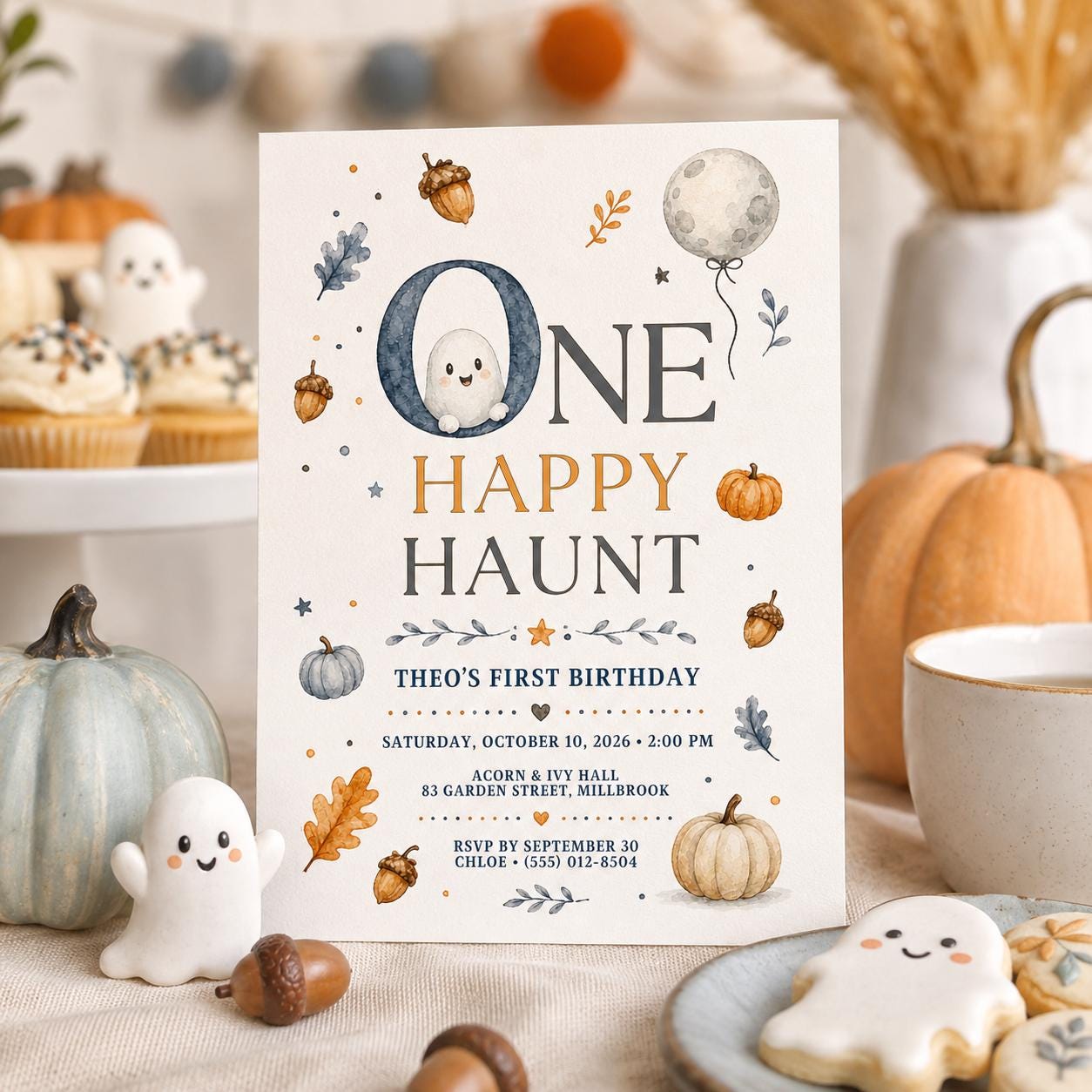 First Birthday Halloween Invitation, One Happy Haunt Birthday Invite, Cute Ghost Pumpkin Fall Party, Editable Canva Template