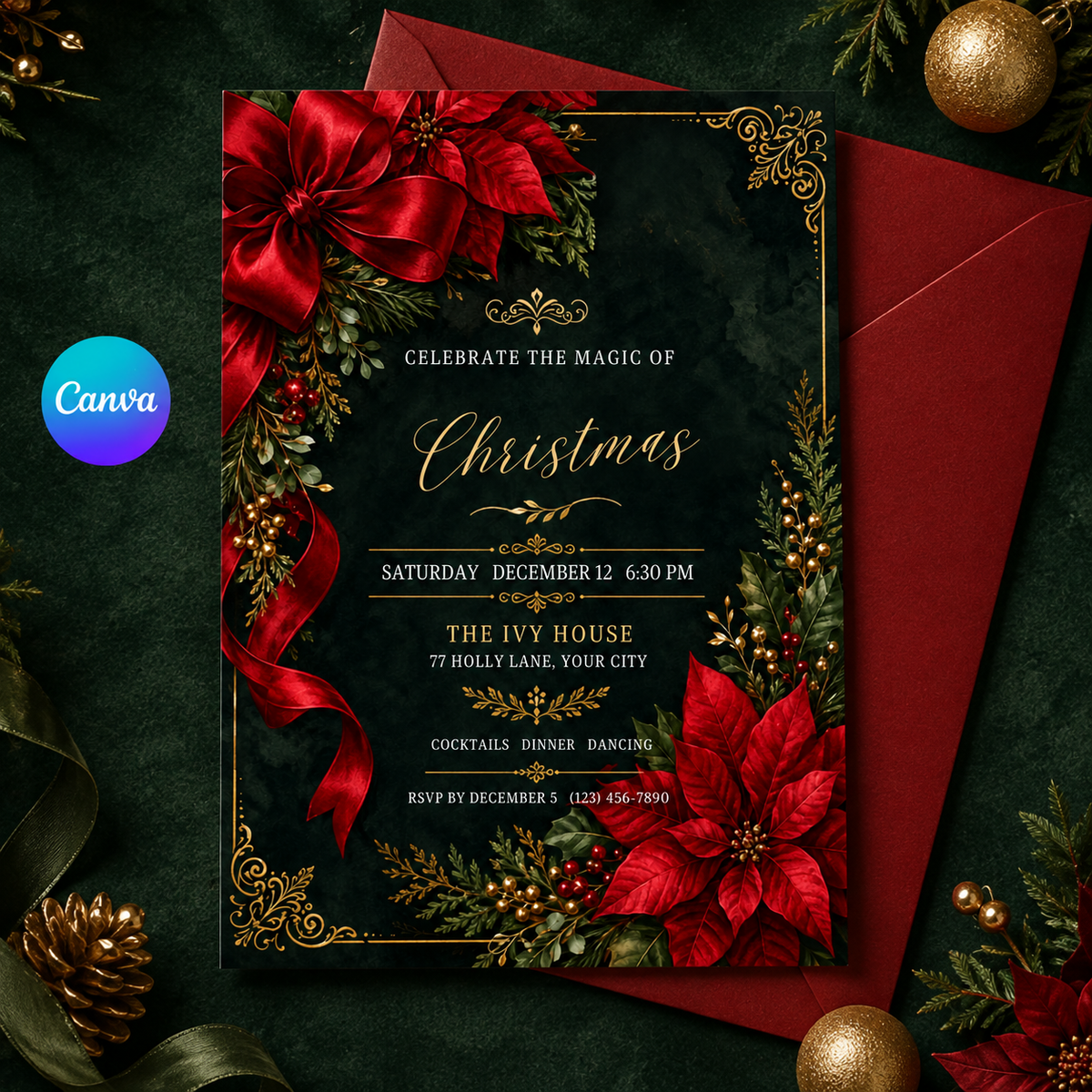 Poinsettia Christmas invitation with red envelope