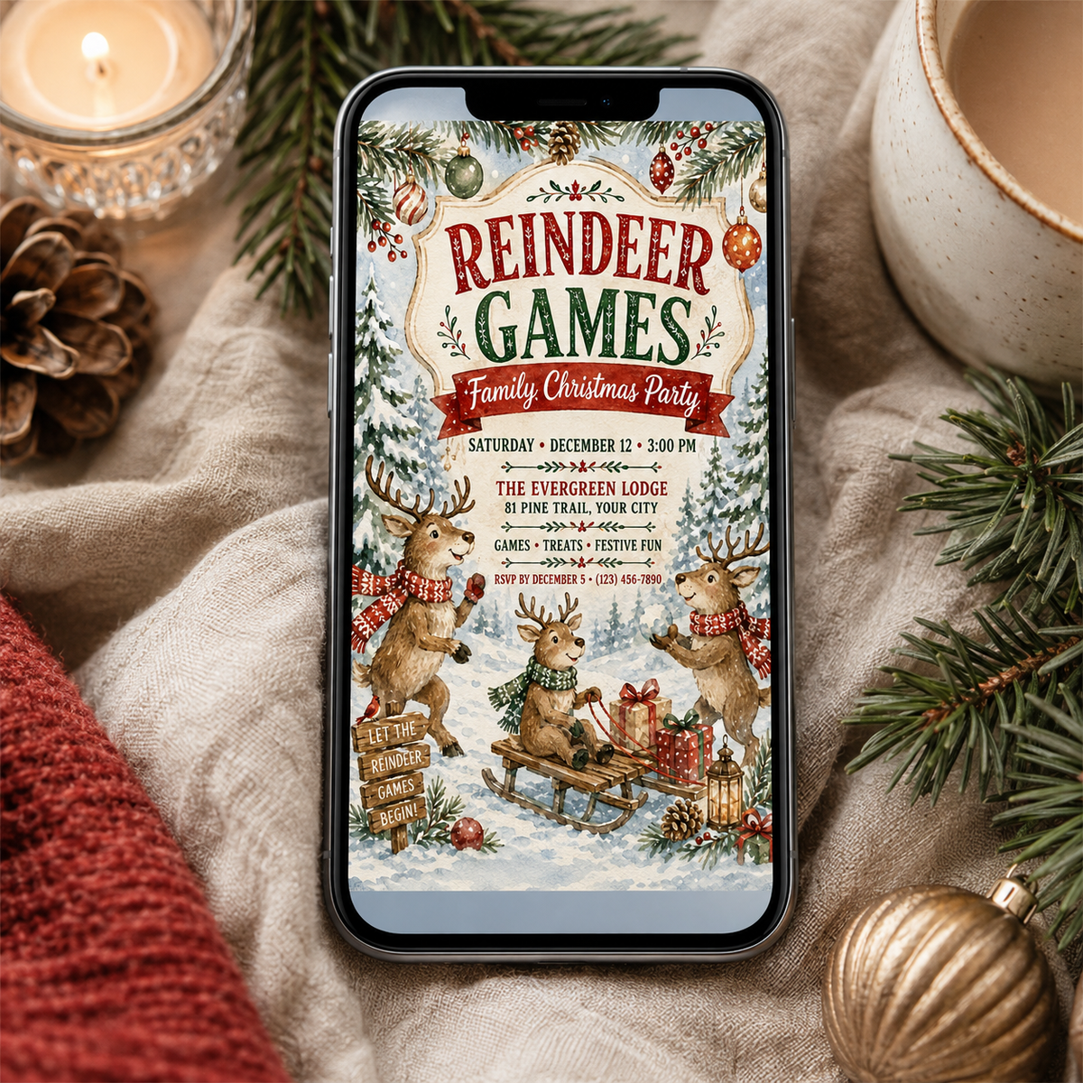 Reindeer Games invitation shown on a phone