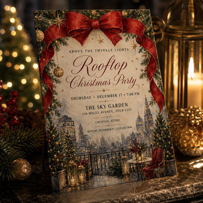Rooftop Christmas Party invitation on a table with candles and baubles