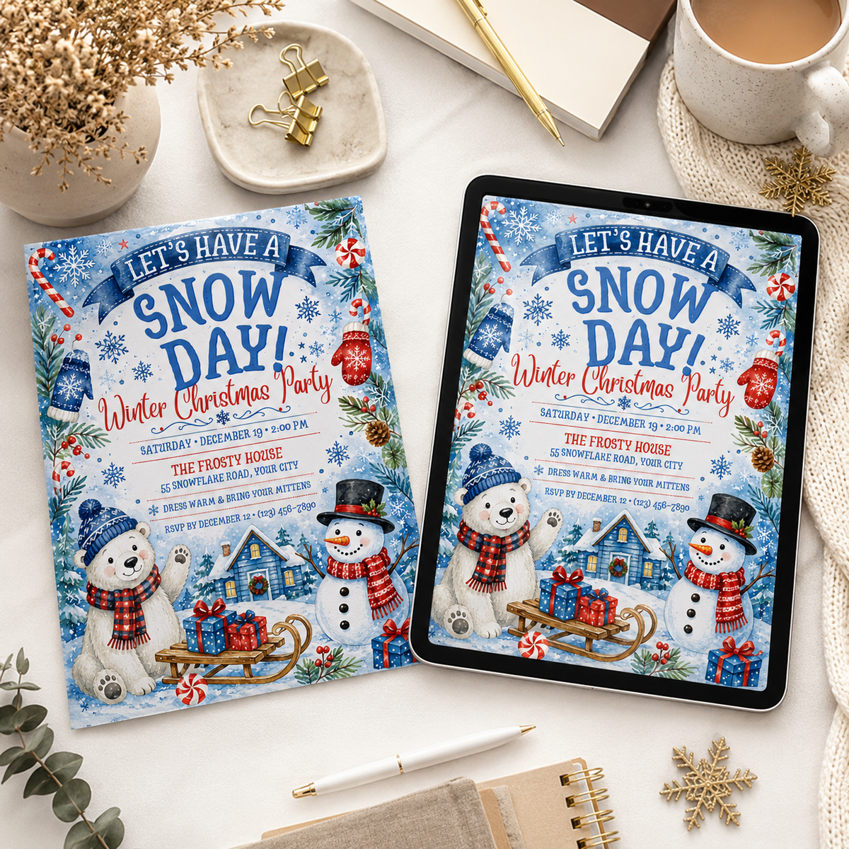 Snow Day invitation as a printed card beside a tablet