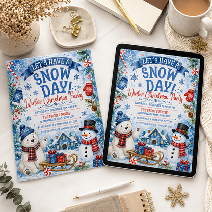 Snow Day invitation as a printed card beside a tablet