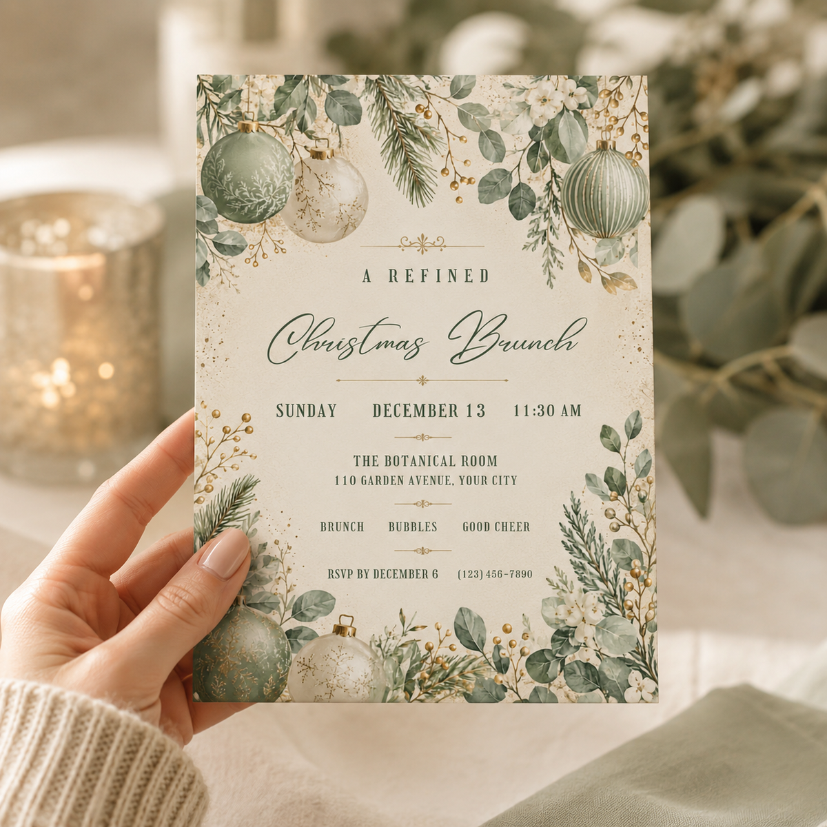 Hand holding a sage green Christmas brunch invitation