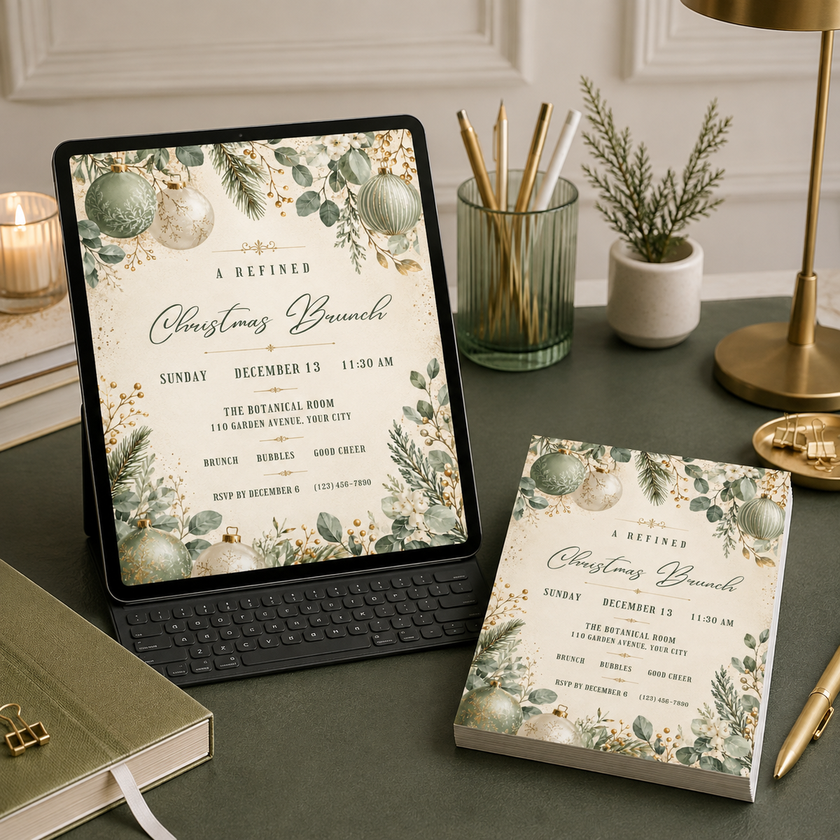 Christmas brunch invitation as a printed card beside a tablet