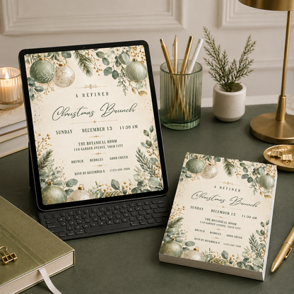 Christmas brunch invitation as a printed card beside a tablet