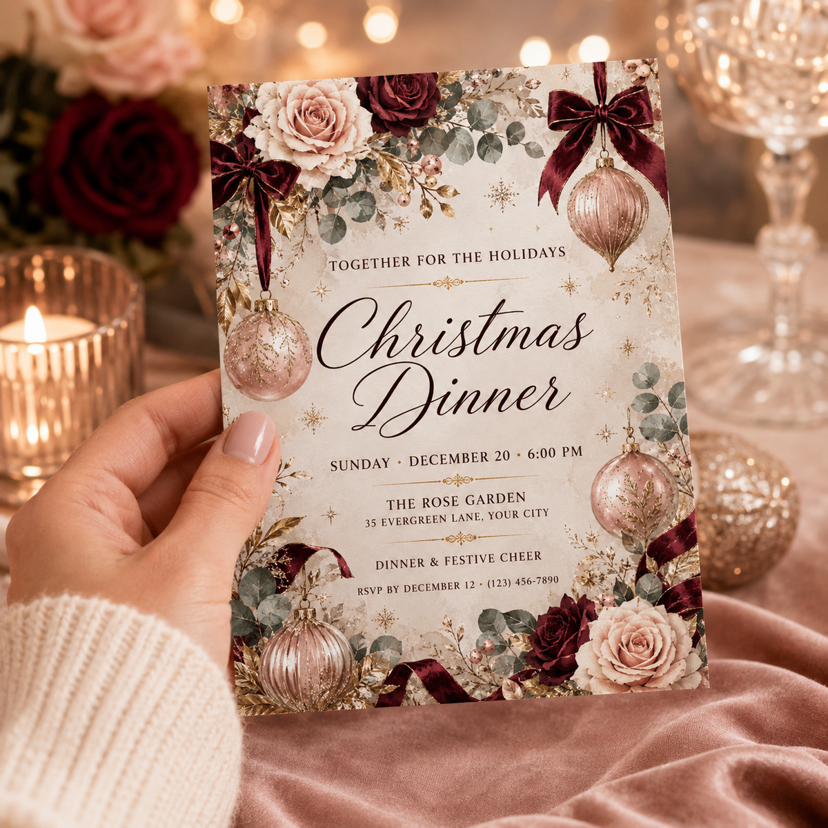 Hand holding a blush and burgundy Christmas dinner invitation