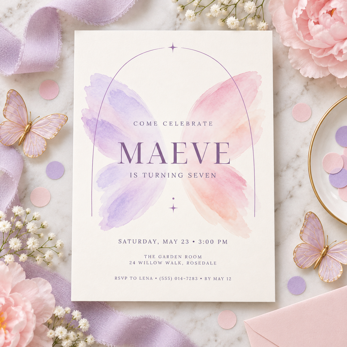 Watercolor wings invitation on a flat lay with pastel butterflies and flowers