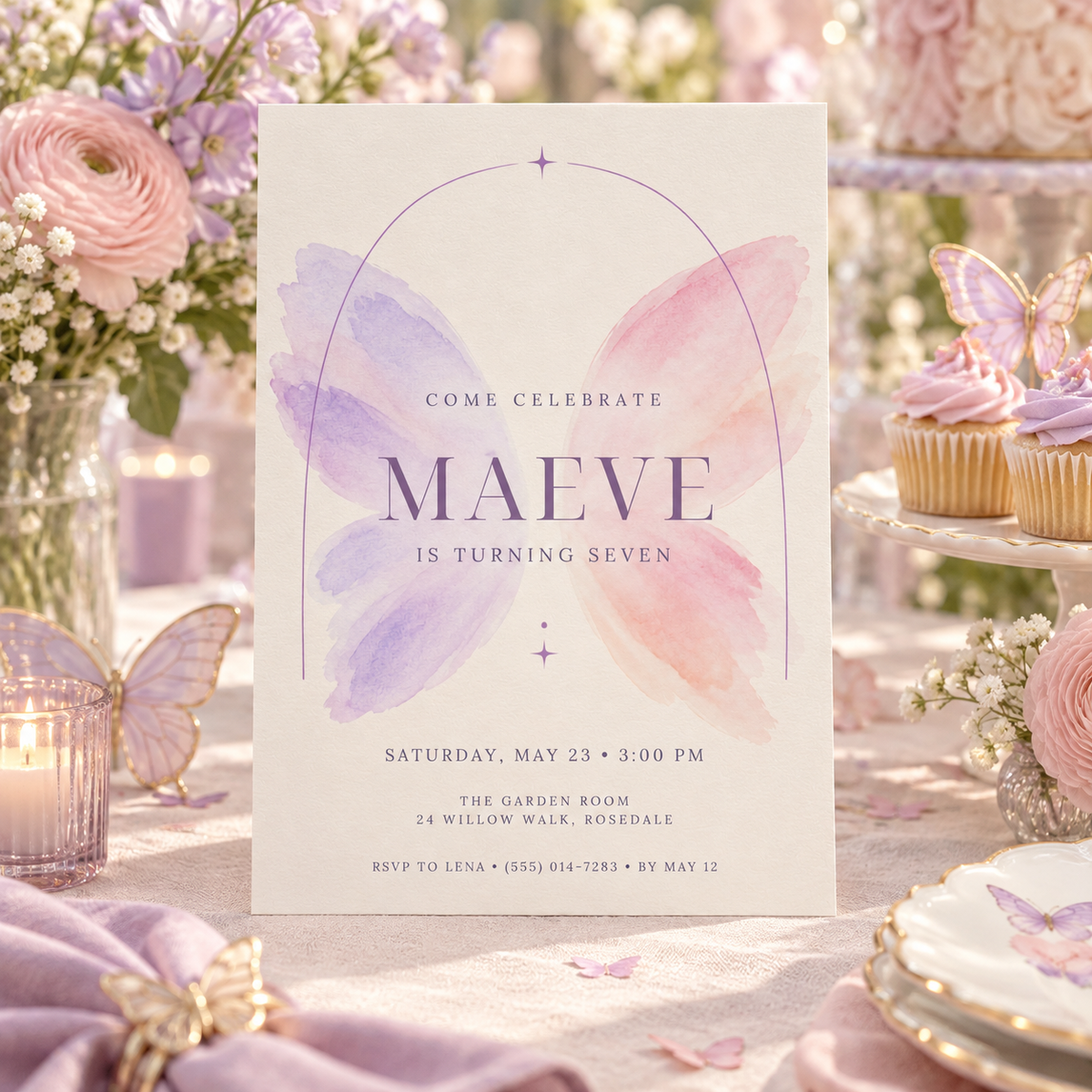 Minimal butterfly birthday invitation on a party table with cupcakes