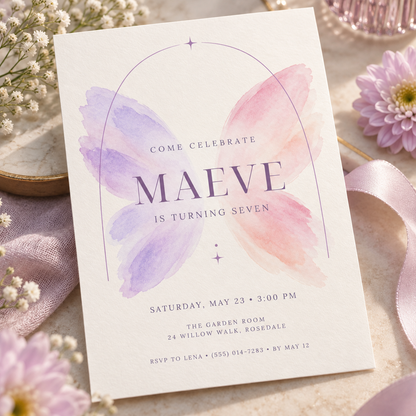 Lilac and pink wings invitation angled on soft lilac fabric